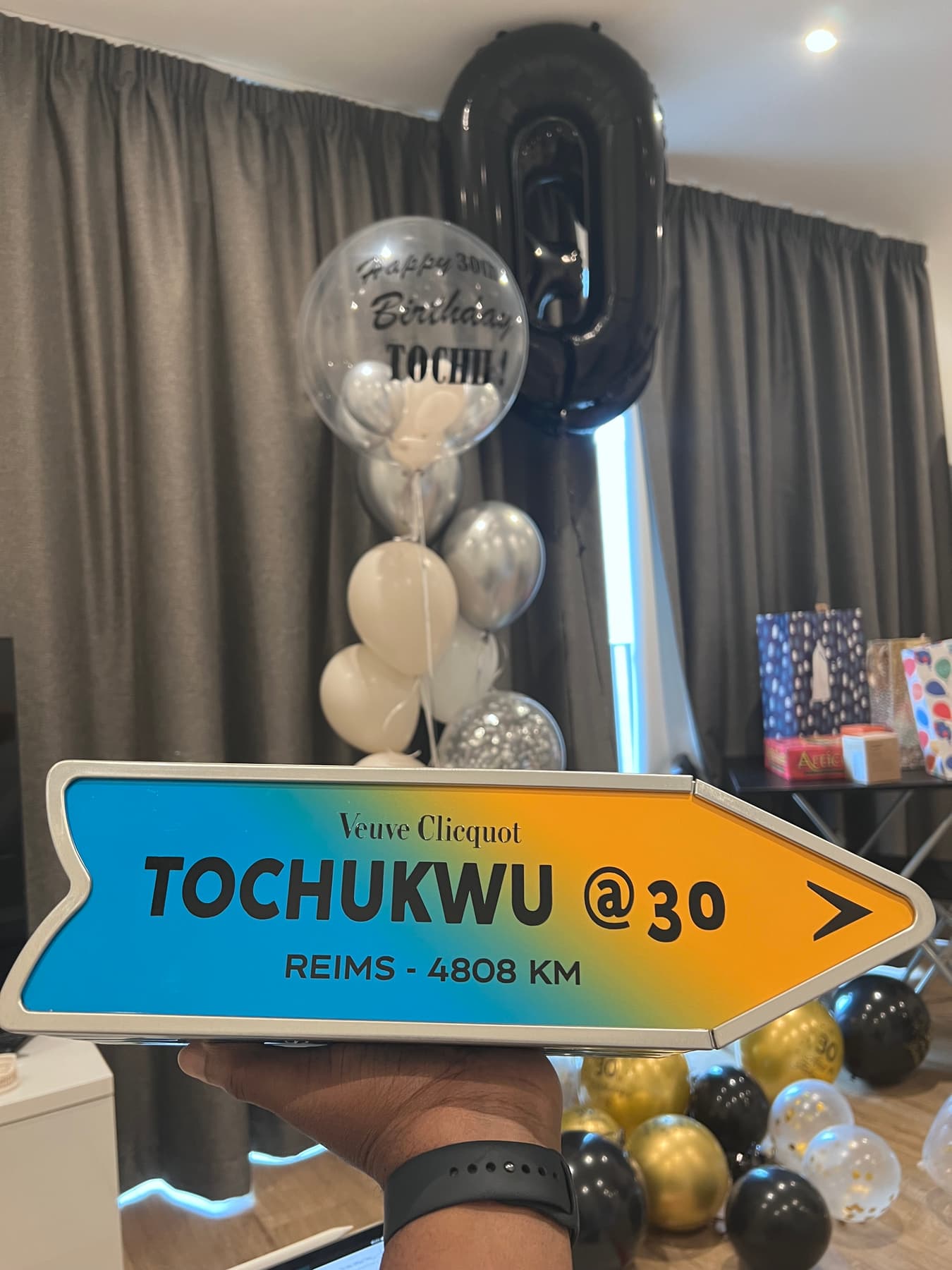 Veuve Clicquot themed birthday sign for Tochii's 30th